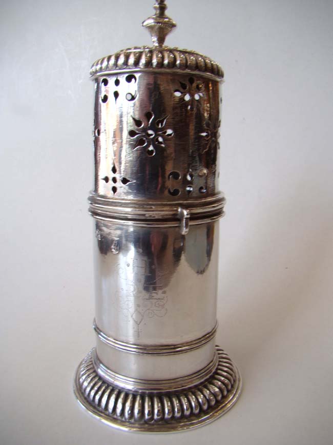A William & Mary period 'Light House' form Silver Castor, maker C A, London, 1691
